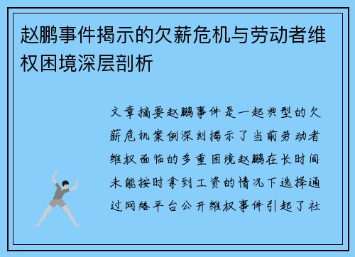 赵鹏事件揭示的欠薪危机与劳动者维权困境深层剖析