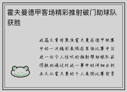 霍夫曼德甲客场精彩推射破门助球队获胜
