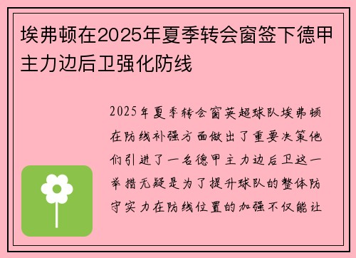 埃弗顿在2025年夏季转会窗签下德甲主力边后卫强化防线 埃弗顿在2025年夏季转会窗签下德甲主力边后卫强化防线